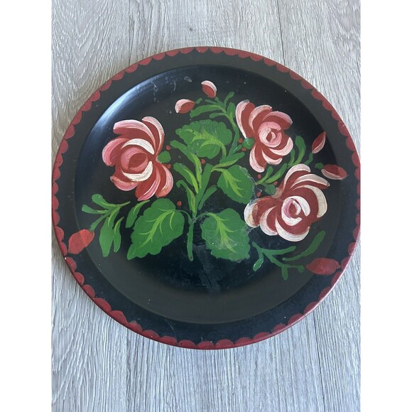 Vintage Hand Painted Toleware Style Plate Melamine Pink Flowers NOT METAL - Picture 3 of 9